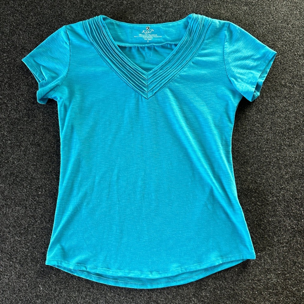 Kuhl Womens Turquoise Blue Pleated V-Neck Short Sleeve Slub Knit Top Size S